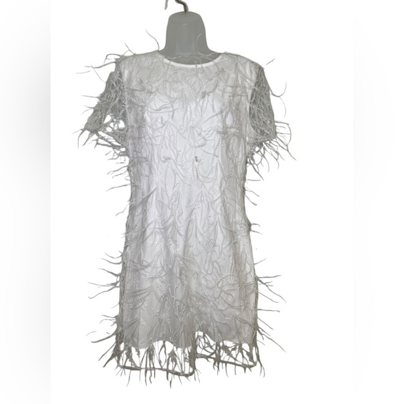 Milly Rana Feather Shift Dress White Mesh Ostrich Embroidery NWT Size 6 - Picture 3 of 8